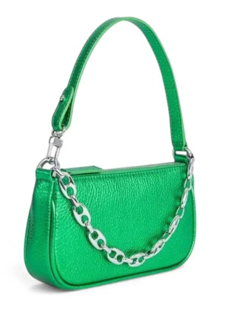 NEW BY FAR Mini Rachel Metallic Green Leather Silver Chain Bag Dust Bag $315